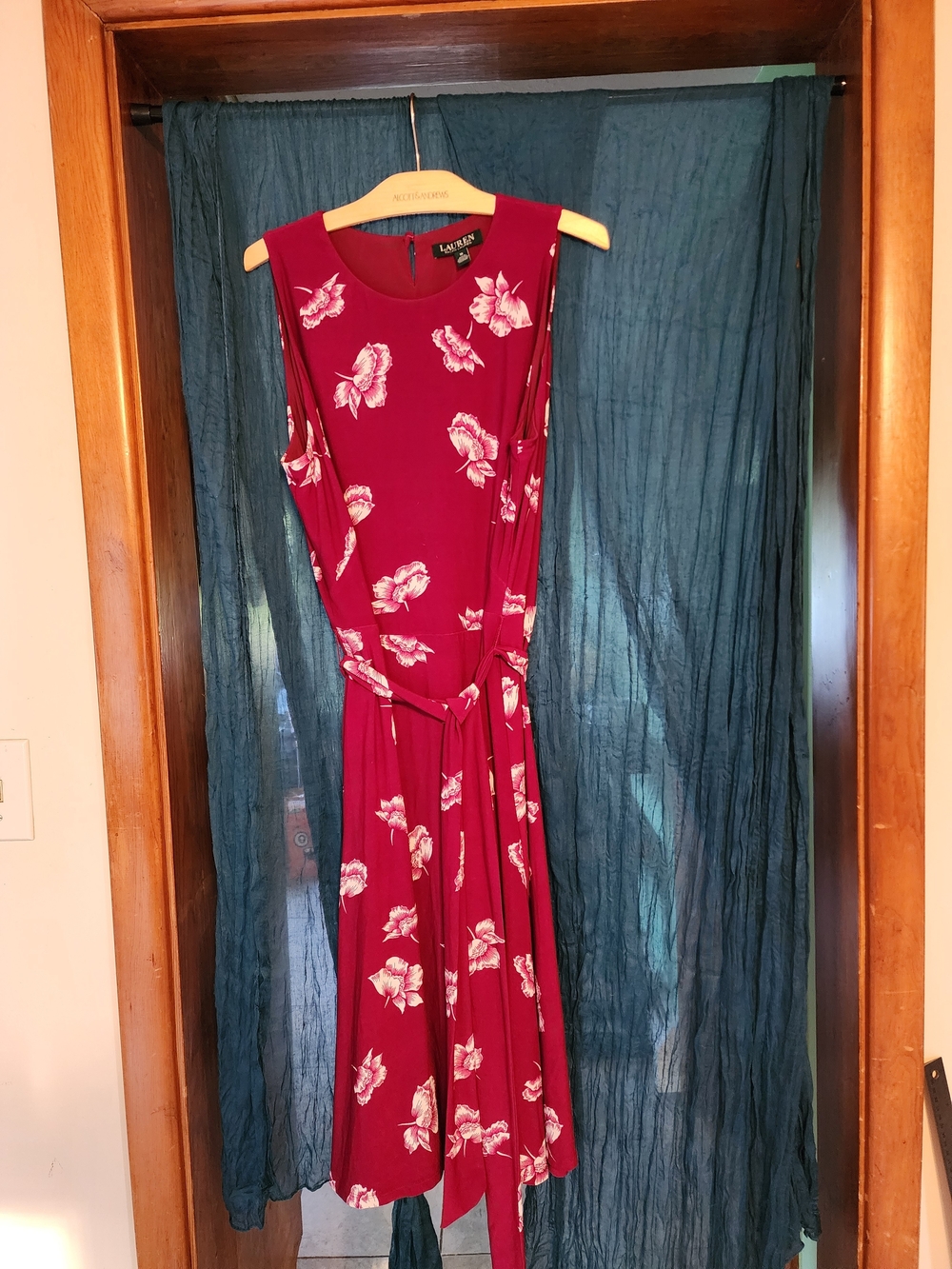 Lauren By Ralph Lauren Cranberry Floral Sleeveless Belted Dress